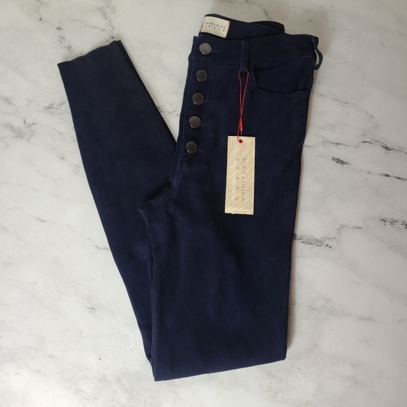 Alice + Olivia Highrise 100% Lambskin Navy Blue Skinny Pant 2 NWT - Picture 1 of 9
